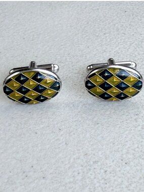 Vintage Enamel Argyle Cuff Links Blue & Yellow 1960s Silver Tone Metal Cufflinks